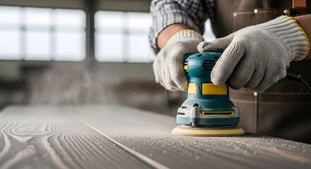 A skilled carpenter uses an electric sander to smooth wooden planks in a workshop