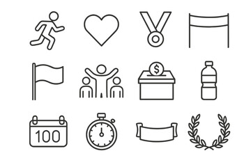 Charity Marathon Icon Set. Outline icon set of charity marathon: runner, heart icon, medal, finish line, flag,