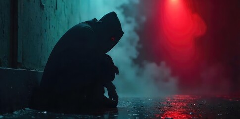 A shadowy figure, hunched and obscured, exudes an aura of malevolence and deceit The image evokes a sense of hidden wrongdoing and moral corruption , treachery, wickedness, immorality