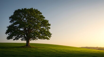Fototapeta premium A single, strong tree stands alone in a field, representing strength, resilience, growth, and stability.