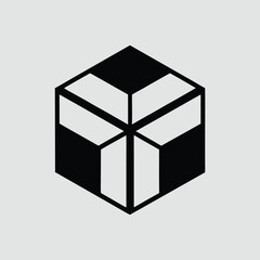 A black and white isometric cube with visible edges and flat surfaces