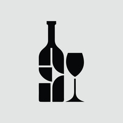 A black silhouette of a wine bottle and glass on a plain background