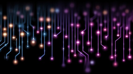 A dynamic circuit design showcases glowing connections against a dark background, featuring vibrant hues of light blue, orange, and purple.