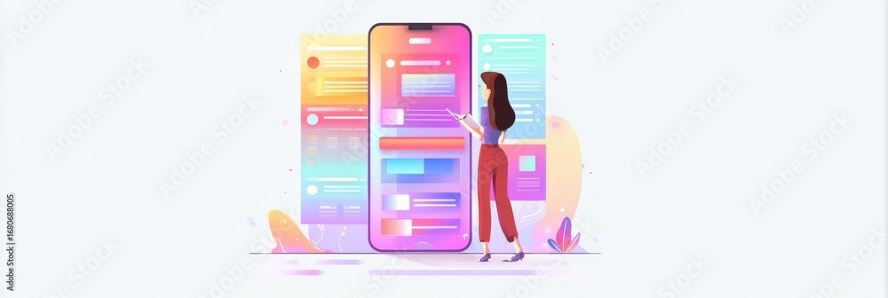 Poster woman interacting with a colorful mobile application interface in a digital setting during daytime