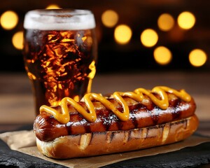 Cold drink with a hotdog combo. Chilled beverage plus frankfurter arrangement summertime picnic refreshment cookout fare tasty treat quick meal savory sausage cool gulp delicious