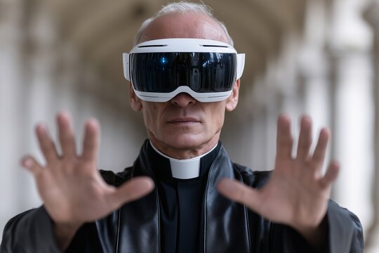 Elderly priest wearing VR headset, virtual reality interaction in sacred space