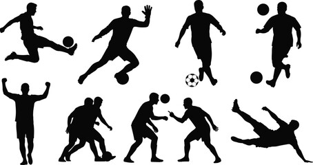 Silhouette of soccer players in action, kicking, dribbling, tackling, and celebrating, ideal for football, sports, and competition themes.