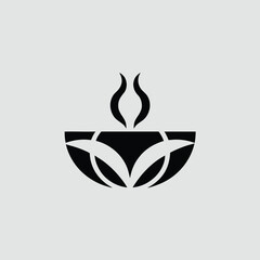 A black and white logo of a bowl with steam and leaves design