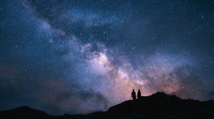 Fototapeta premium Silhouetted figures gazing at the vibrant milky way from a dark mountainous landscape view
