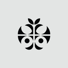 A black and white logo with a leafy design on a plain background