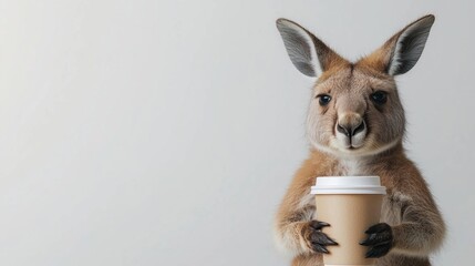 Thoughtful Kangaroo in Formal Attire Holding Coffee Cup Close up Portrait Concept