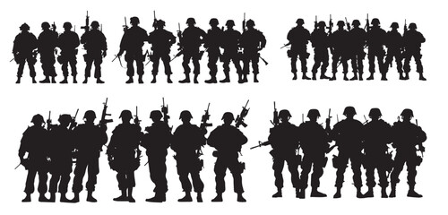  silhouette of group team army soldier standing isolated