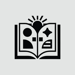 A black and white icon of an open book with a sun and shapes