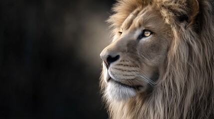 Naklejka premium Male lion profile in warm lighting, lion symbolism for leadership and power