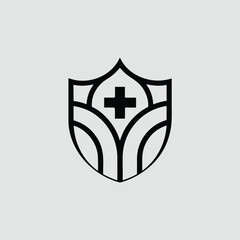 A black and white shield logo with a medical cross and leaf design elements