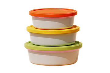 Set of Stackable Picnic Containers with Colorful Lids, Side View, Isolated on Transparent Background