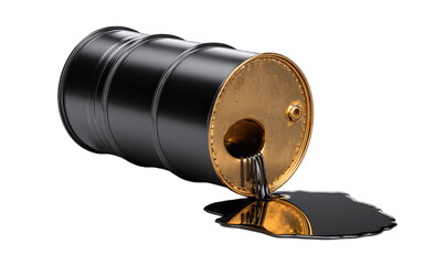 Black metal oil barrel spilling dark liquid onto a reflective surface