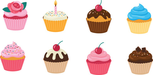 Colorful assorted cupcakes with frosting, cherries, sprinkles, and candle, sweet desserts, bakery treats, celebration, party, tasty, delicious.