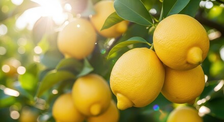 Bright Yellow Lemons Hanging on a Tree Branch Under Warm Sunlight