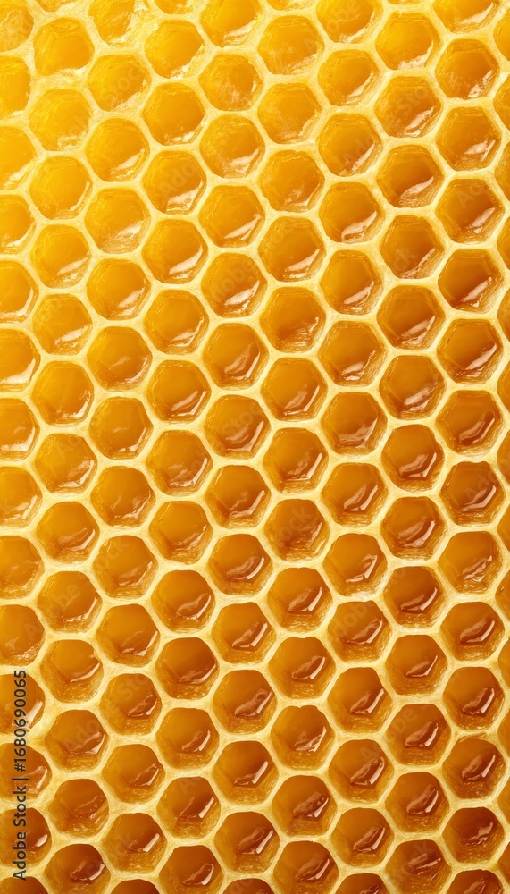 Poster close up view of beautiful honeycomb structures with perfect shapes and golden honey reflections