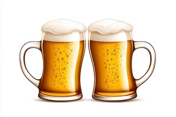 Frothy Beer Mug Vintage Style Illustration . Pair foamy ale stein retro artwork beverage drink refreshment pub tavern bar alcohol draft brew liquid design graphic image.