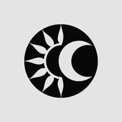 A black and white icon of sun and moon in a circular shape