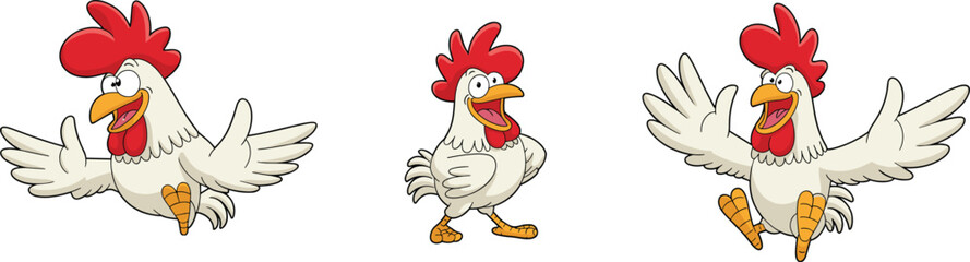 Funny cartoon roosters in various poses with red combs and expressive faces, perfect for farm animal, food, or kids content.