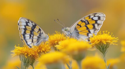 Fototapeta premium Two butterflies on yellow flowers, soft focus background