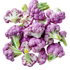 Freshly cut purple cauliflower florets are artfully arranged on a black background.