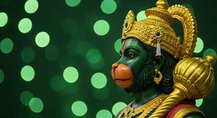 Obraz premium Ornate Statue Green Monkey God with Golden Crown on Blurred Background