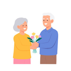 Vector illustration of a happy senior couple exchanging flowers, symbolizing love, romance, affection, and family bond. Perfect for Valentine’s Day, anniversaries, or relationship concepts.