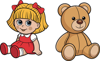 Cute cartoon doll and teddy bear sitting together, adorable toys for children, perfect for kids illustrations, nursery or baby designs.