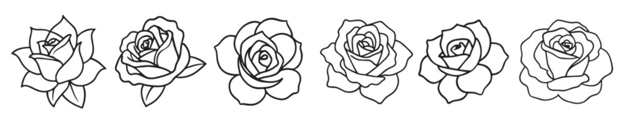 Set of outline black and white roses isolated on white