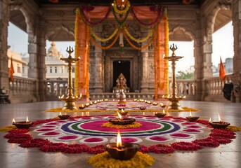 Obraz premium Temple interior with rangoli and lamps