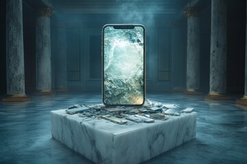 Broken touchscreen phone, on a fireplace stand. Generative AI
