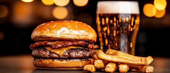 Hamburger and light beer on a pub background. Pair of ground beef patty sandwich with pale brew at tavern setting eatery backdrop refreshment indulgence gastronomy beverage