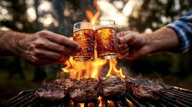Group of friends having a barbecue and celebrating wi. Two pal gathering enjoying a cookout marking a joyous occasion. outdoor party festivity friendship summertime recreation