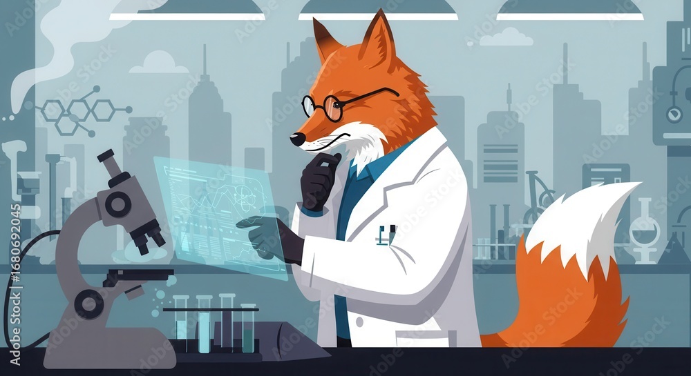Poster a fox scientist in a modern laboratory setting examines a futuristic holographic display.