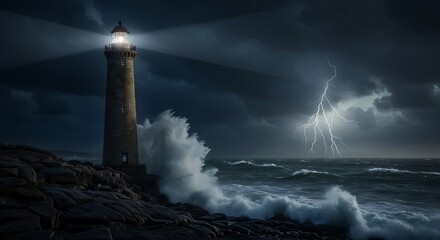 A steadfast lighthouse shines its light through a dark and stormy sea, symbolizing guidance, safety, and hope in crisis.