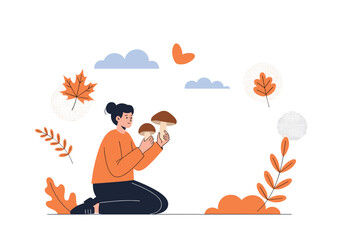 Autumnal foraging adventure with a delightful mushroom discovery amidst colorful leaves and breezy clouds