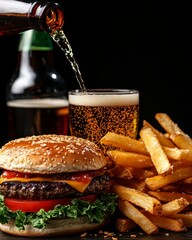 Homemade hamburger with french fries and bottle of be. Two self made ground beef patty sandwich fried potato stick glass container of brew pub fare meal refreshment gastronomy