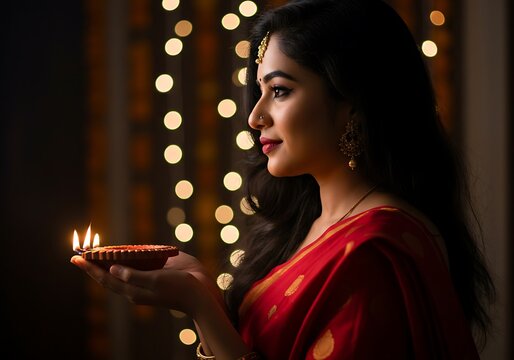 Woman holding lit diya lamp