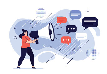 Communicating ideas effectively through public announcement megaphone and social media bubbles concept illustration