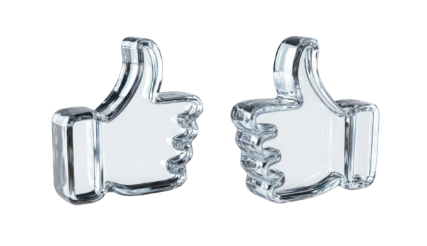 Two translucent thumbs up, like glass, isolated on white - Powered by Adobe