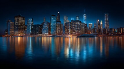 Obraz premium Cityscape's Nocturne: A captivating view of a cityscape at night, with skyscrapers reflecting in tranquil waters, bathed in a vibrant palette of lights. A testament to human progress.