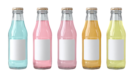 Five clear glass bottles, each filled with a colorful drink, have blank labels