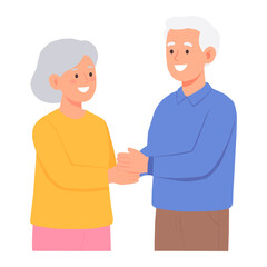 Vector illustration of an elderly couple holding hands and smiling, symbolizing love, care, happiness, and togetherness in old age. Perfect for family, relationships, health, and lifestyle concepts.