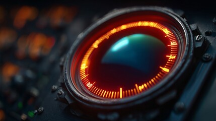 Intricate Industrial Control Panel: A close-up shot of a vintage industrial control panel with a circular, glowing screen, exuding a sense of precision and advanced technology.
