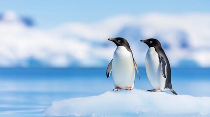 Naklejka premium Two Adelie penguins on piece of glacial ice