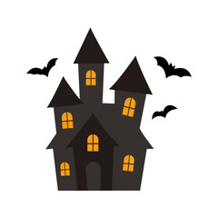Vector illustration of a haunted house with glowing yellow windows and flying bats on a dark gray background. Perfect spooky design element for Halloween party decoration, haunted posters, seasonal 